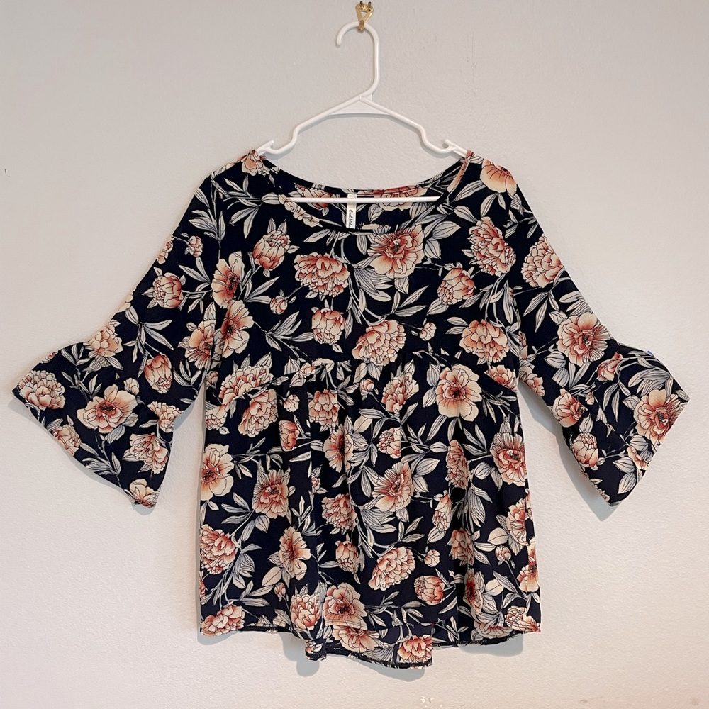 Cool Melon Women’s XL Empire Waist Floral Blouse with 3/4 Length Bell Sleeves